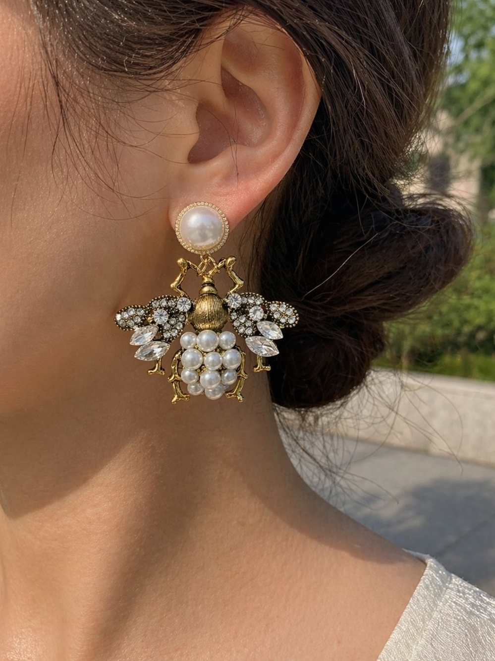 Gold and Pearl Bee Drop Earrings - Picture 3 of 5